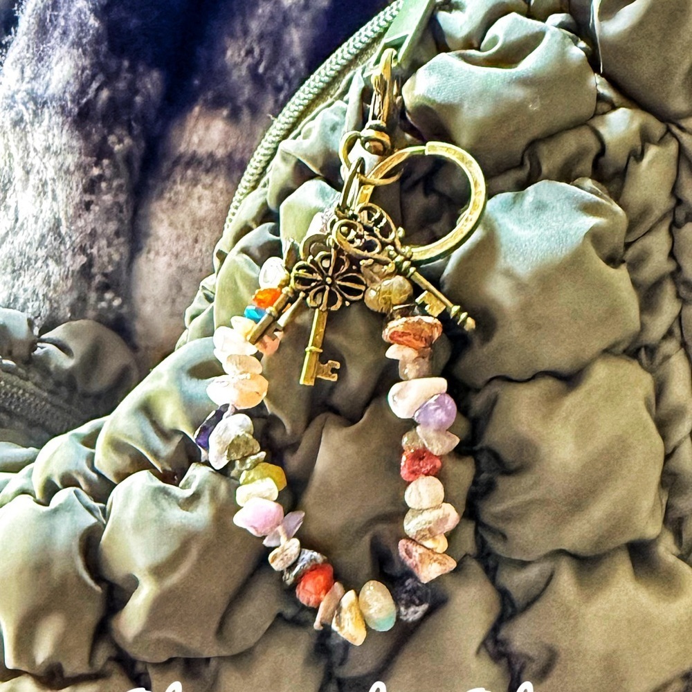 Garden Guardian Bag Charm – Natural Stones, Silver Leaves & Golden Drops